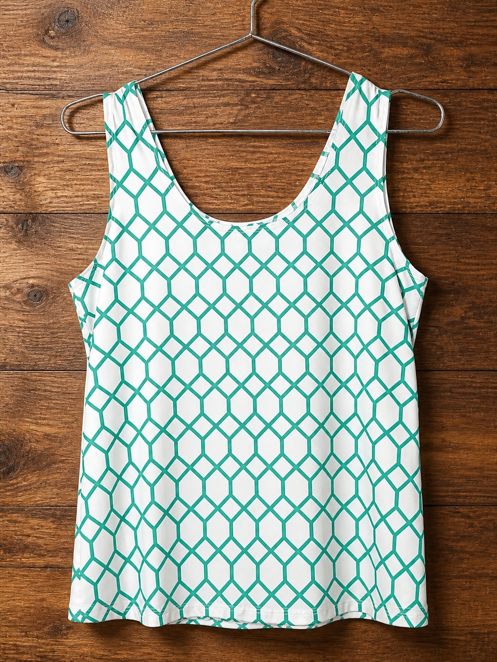 Chico's White & Teal Geometric Scoop Stretchy Tank Top Shell. Size 1 (Medium)